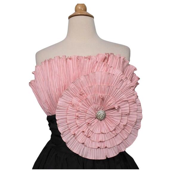 Vintage 80s AJ Bari Origami Crinkle Pink Flower Black Taffeta Party Dress XXS - Picture 5 of 10